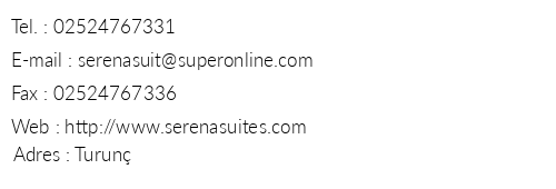 Serena Suites telefon numaralar, faks, e-mail, posta adresi ve iletiim bilgileri
